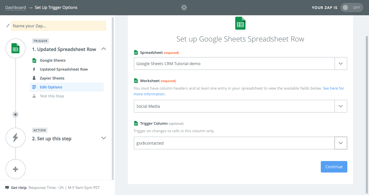 select spreadsheet and worksheet in Zapier