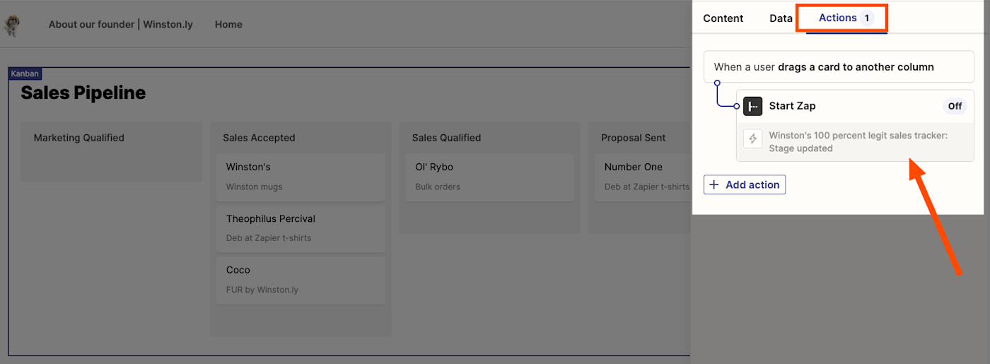 Create Zaps from the component settings' Action tab.