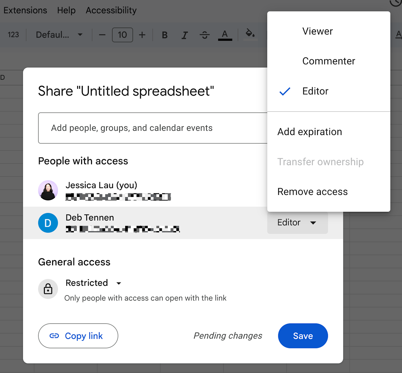 The share popup in Google Sheets.