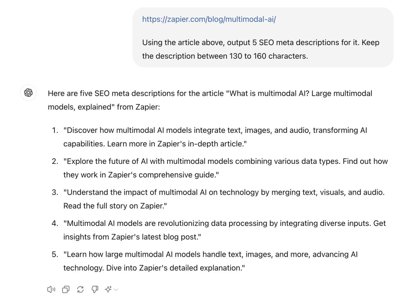 ChatGPT conversation with an AI-generated SEO meta descriptions for a Zapier article. 