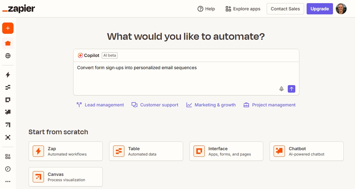 The option to create a Zap using natural language