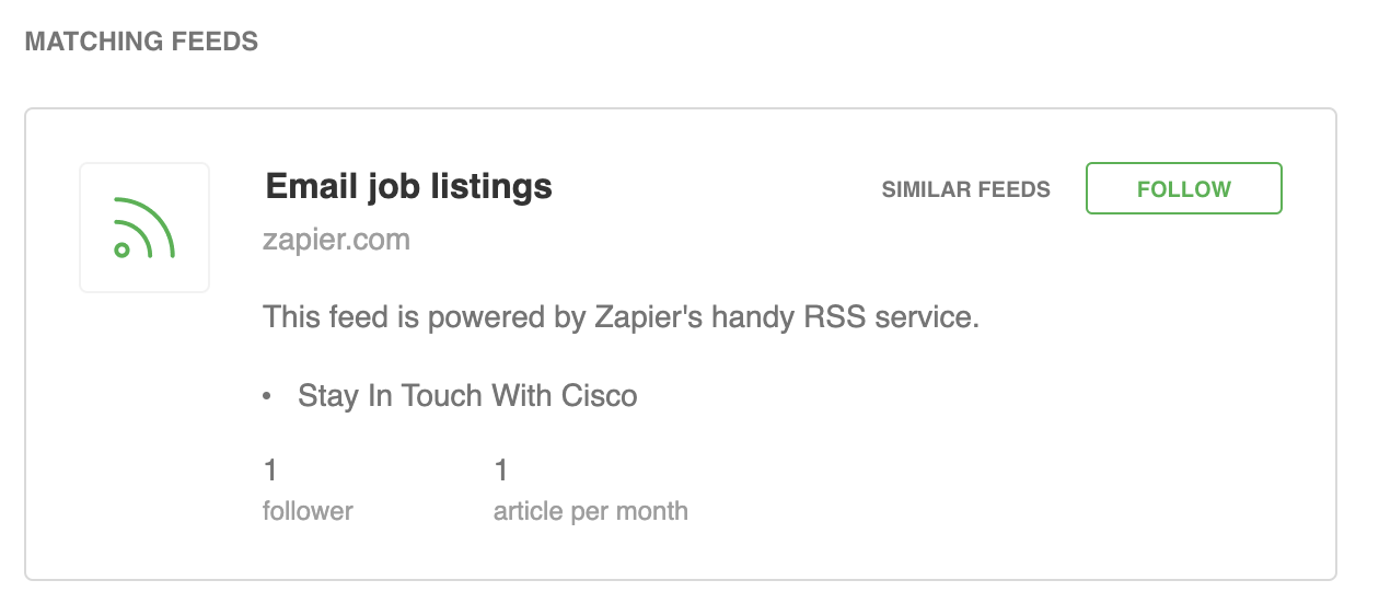 A screenshot of the email RSS feed previewed in Feedly.
