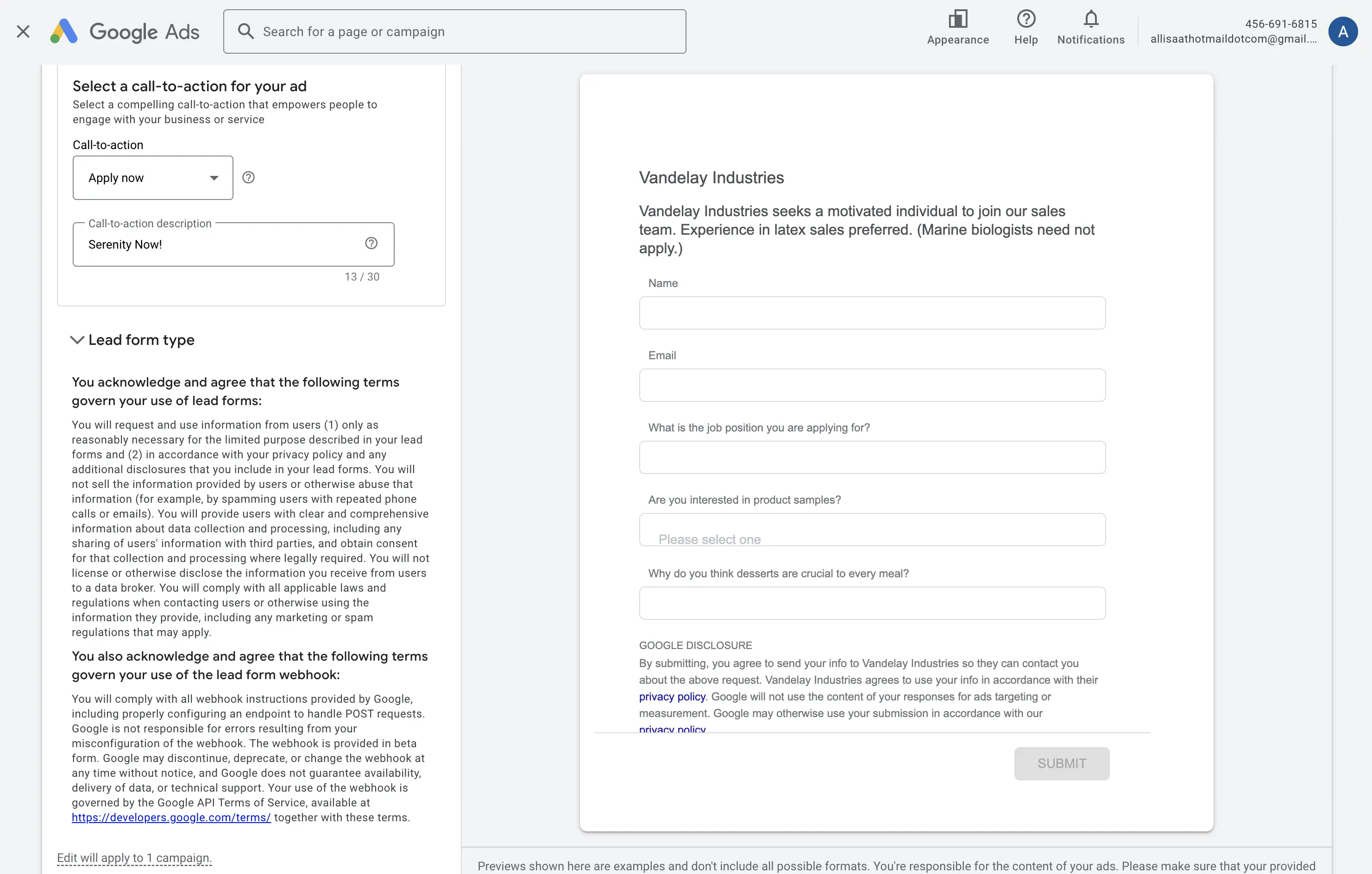 Beispiel für ein Google Ads-Lead-Formular