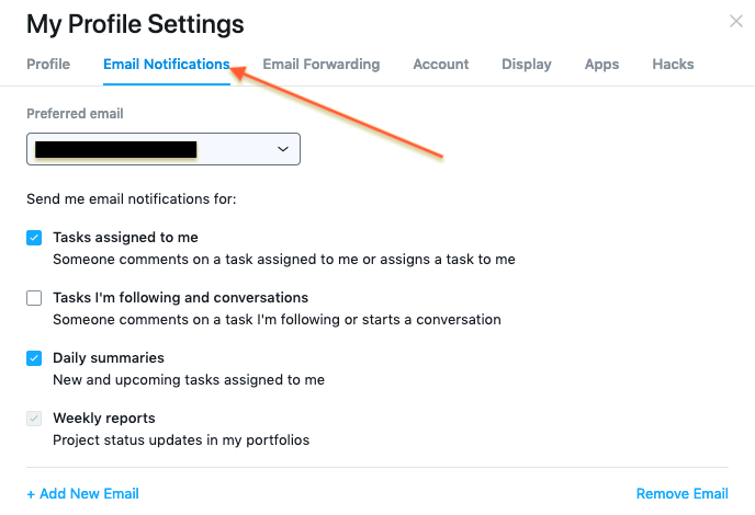 Email notifications options