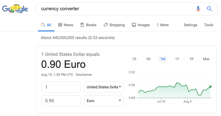 Google currency converter in search results