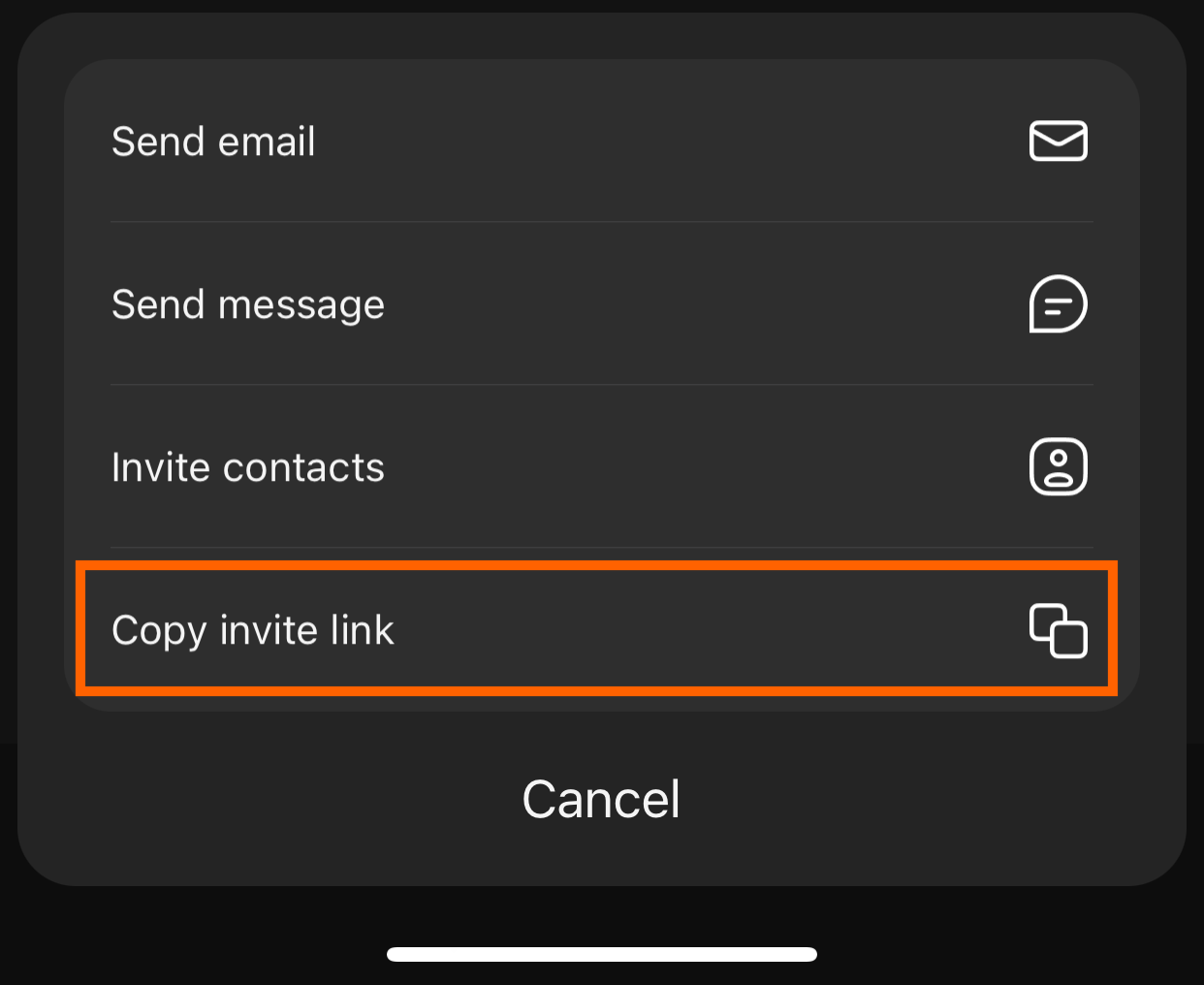 Screenshot of Zoom mobile view with an arrow pointing to "Copy Invite Link." 