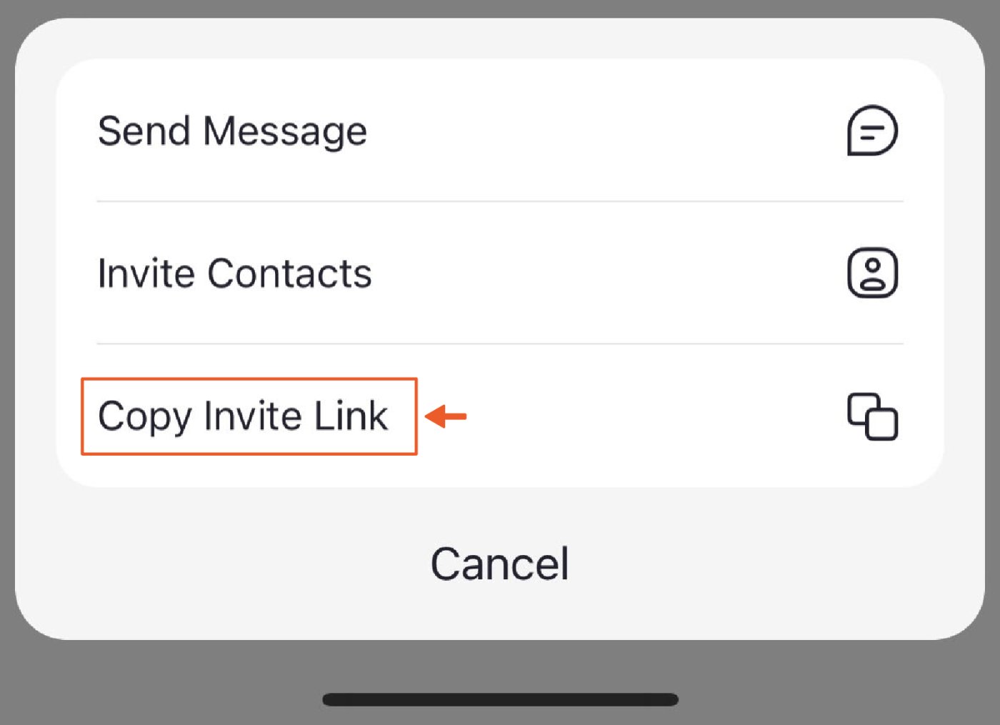 Screenshot of Zoom mobile view with an arrow pointing to "Copy Invite Link." 