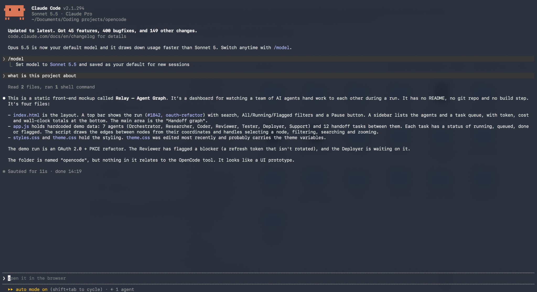 Claude Code in the terminal answering "what is this project about" for a folder named opencode, with auto mode on