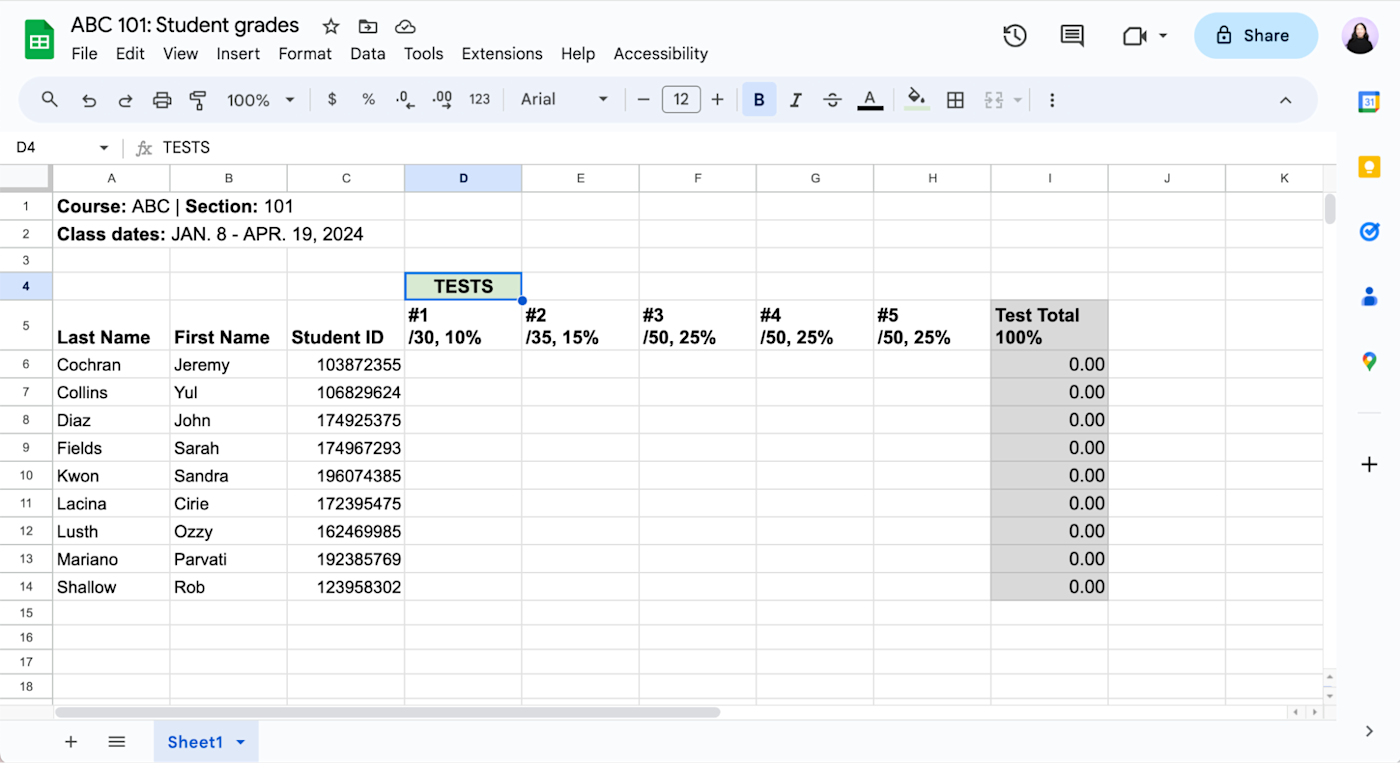 Student grade sheet in Google Sheets.