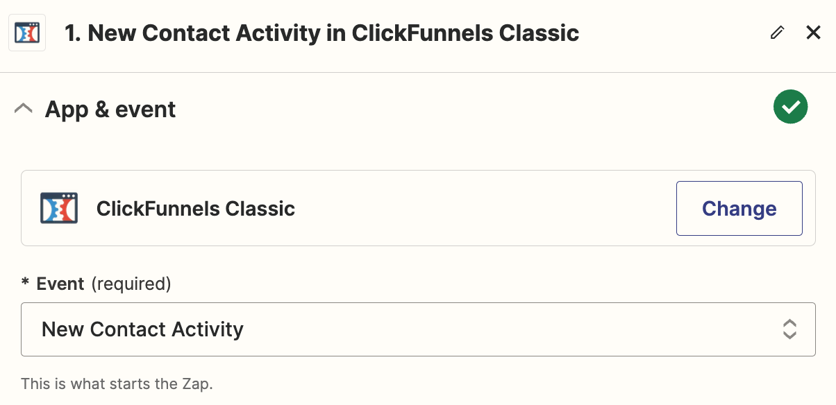 A trigger step in the Zap editor with ClickFunnels Classic selected as the trigger app and New Contact Activity selected for the trigger event.