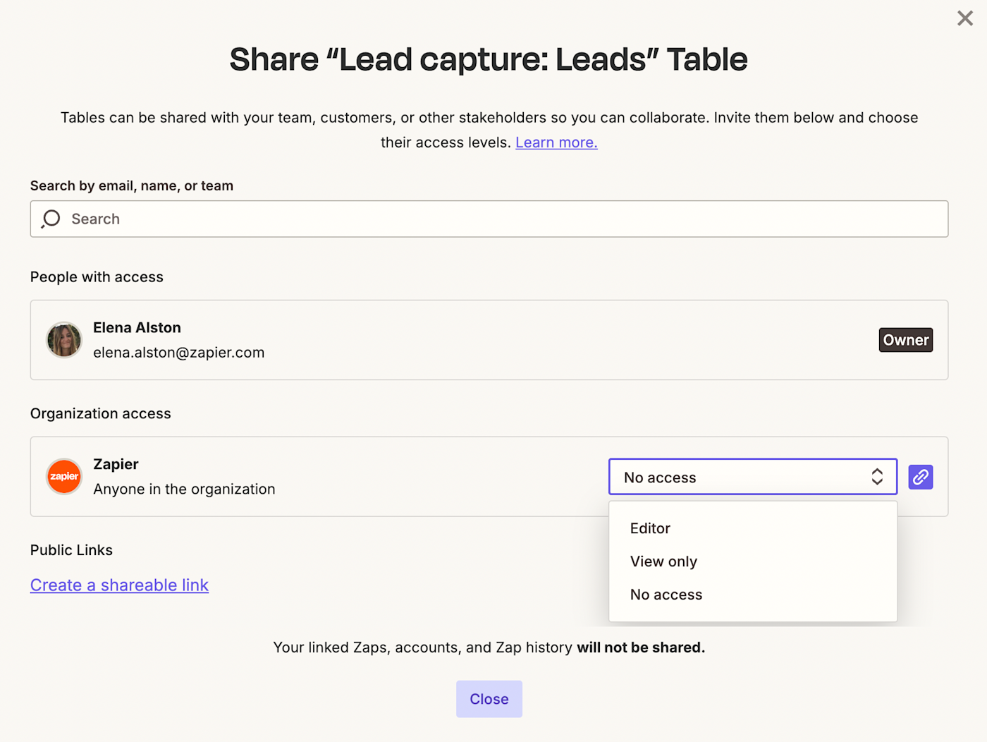 Screenshot of table access in Zapier