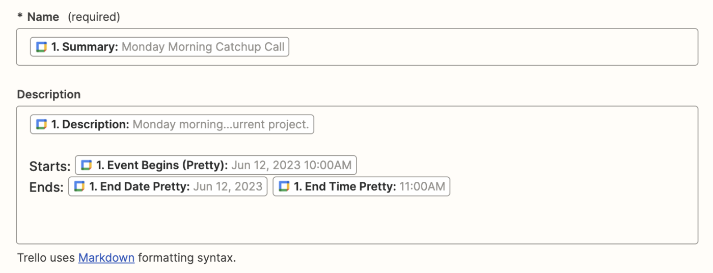 Fields in an action step in the Zap editor with Google Calendar data added to the fields.