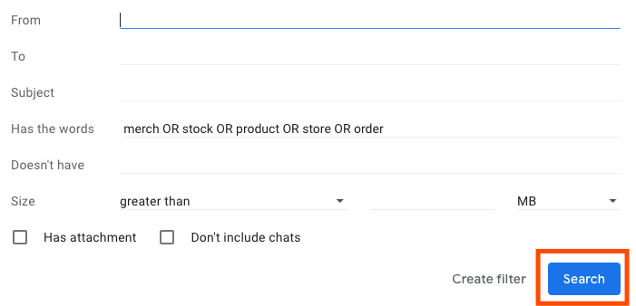 Search operators typed into Gmail's search window. A red box highlights the Search button.