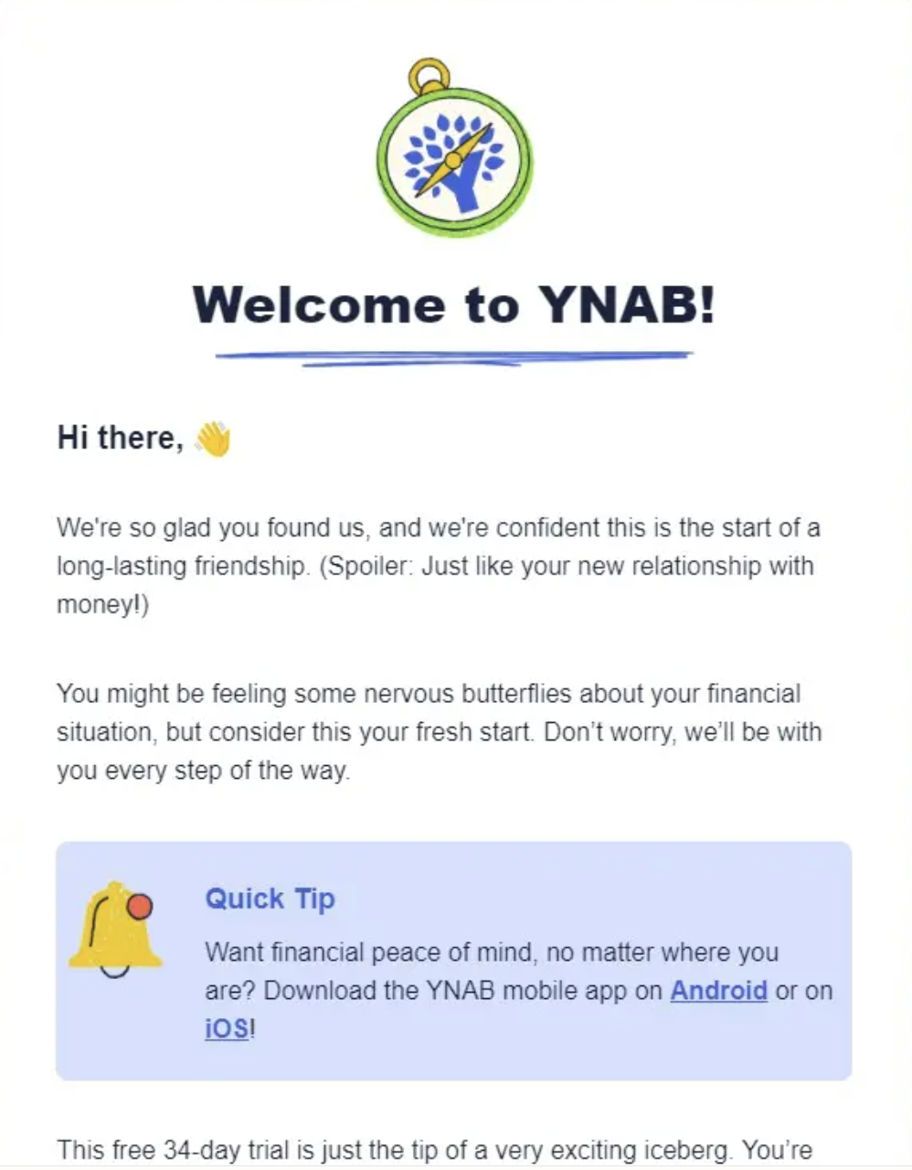 B2C welcome email marketing example from the finance planning app YNAB (You Need a Budget).