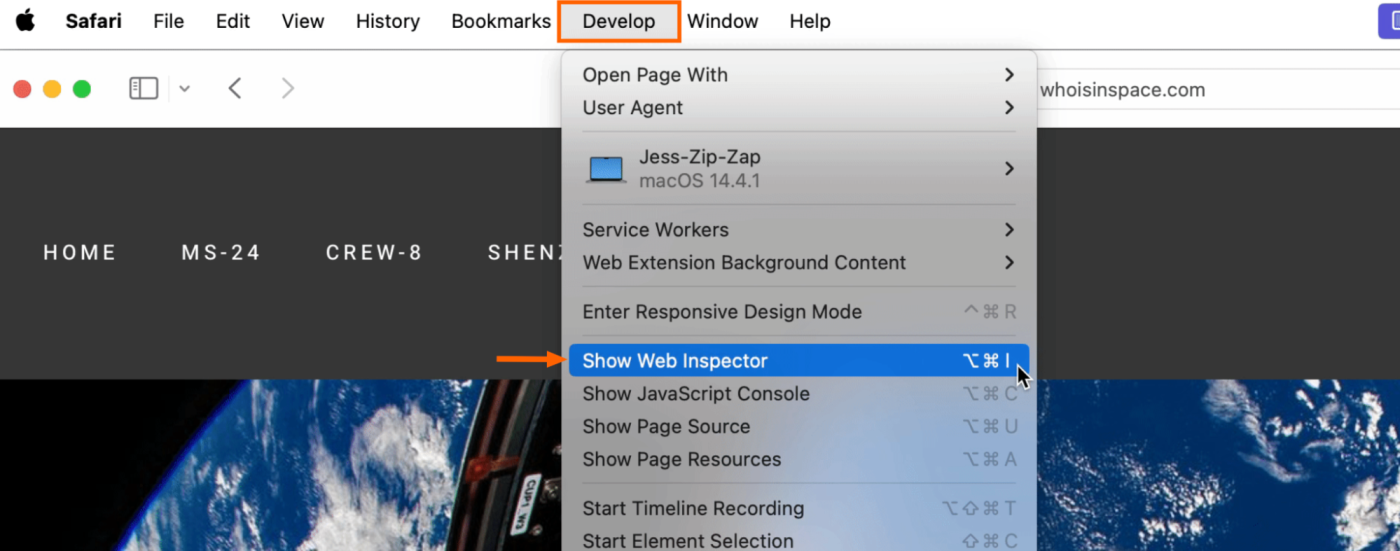 Expanded view of Safari's develop menu with show web inspector selected.