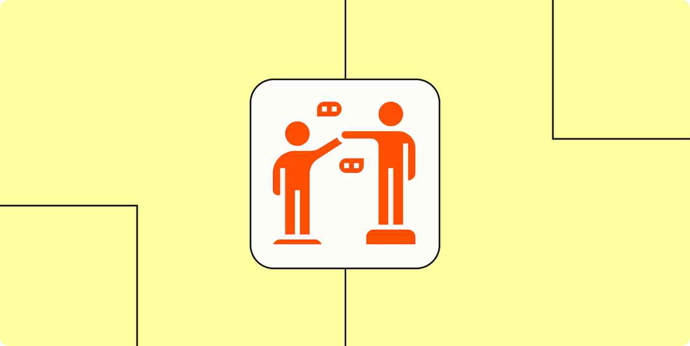 An orange icon with two people reaching towards each other with speech bubbles on a light yellow background.