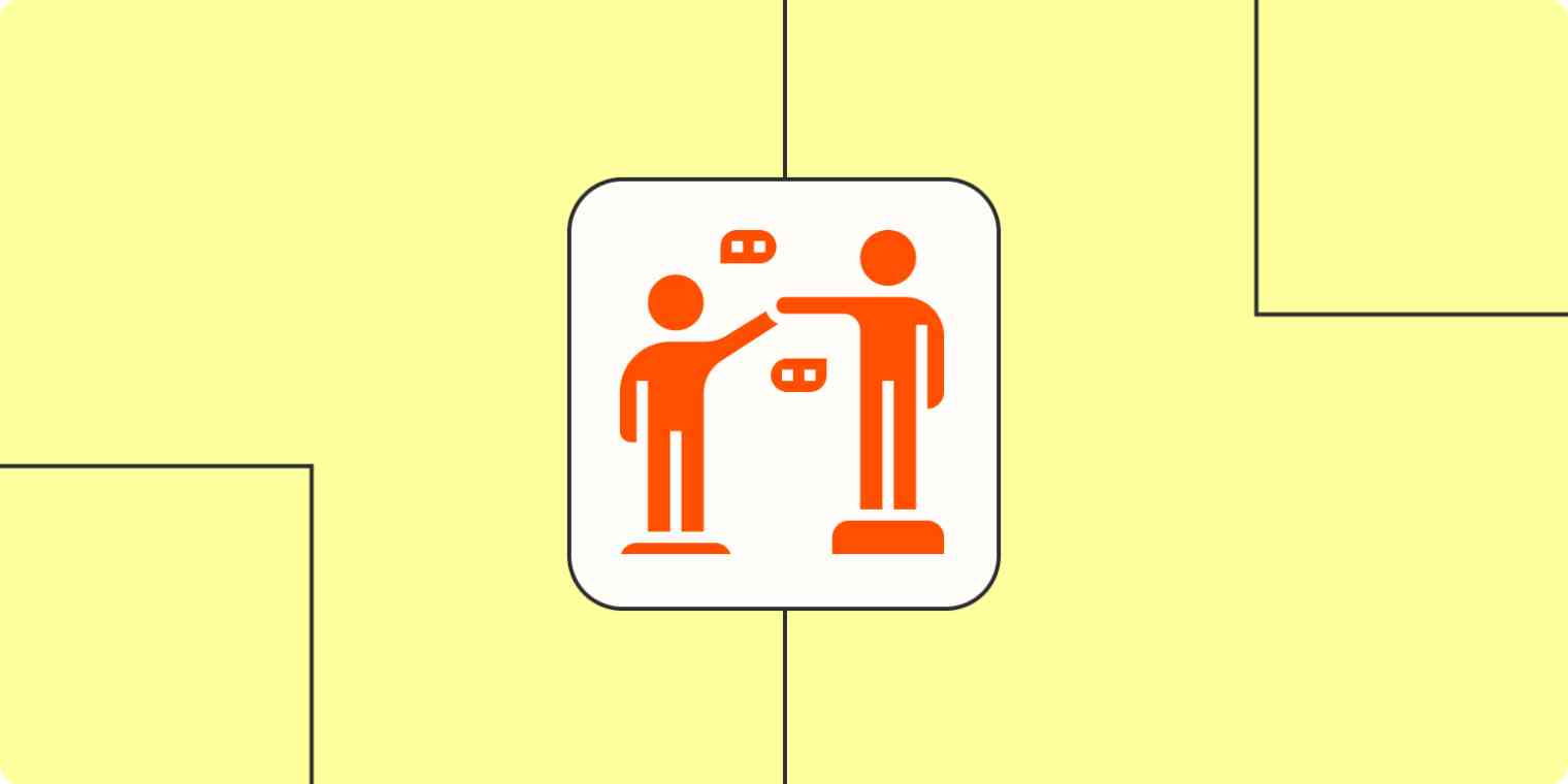 An orange icon with two people reaching towards each other with speech bubbles on a light yellow background.