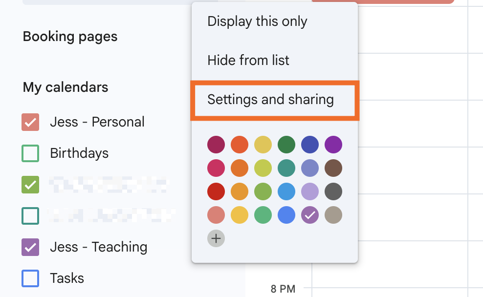 Expanded view of the options menu for a Google Calendar with settings and sharing highlighted.