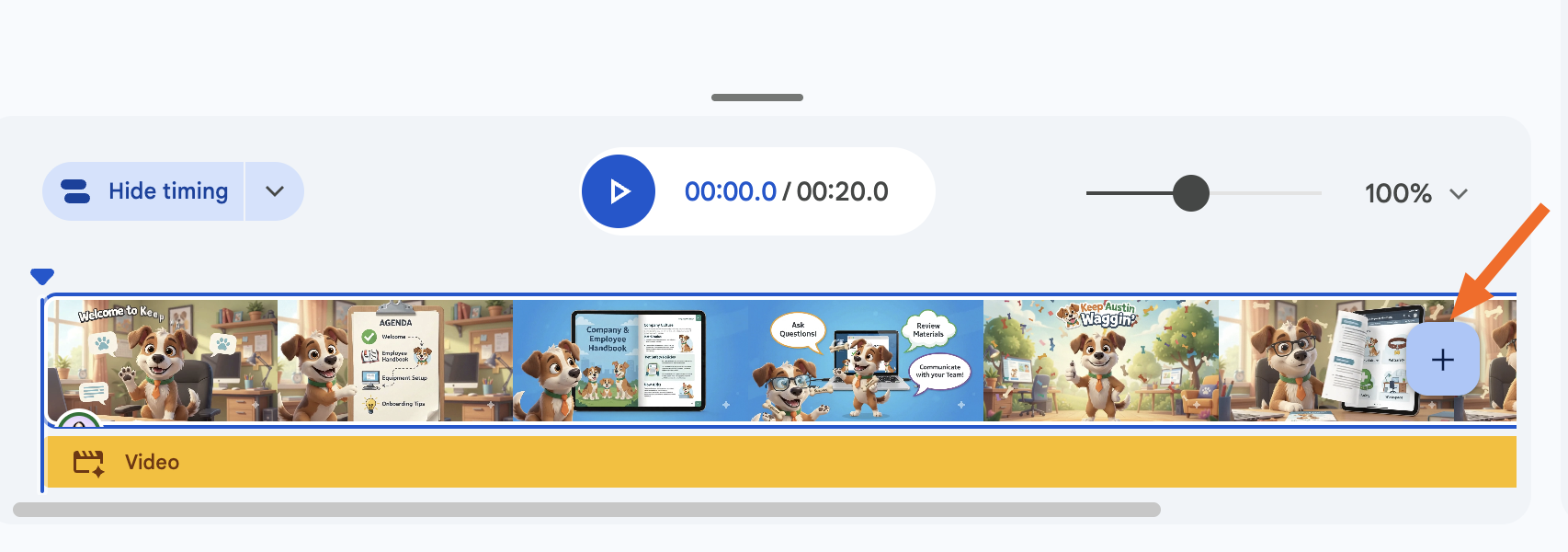 Timeline in Google Vids with an arrow pointing to the add a new scene icon. 