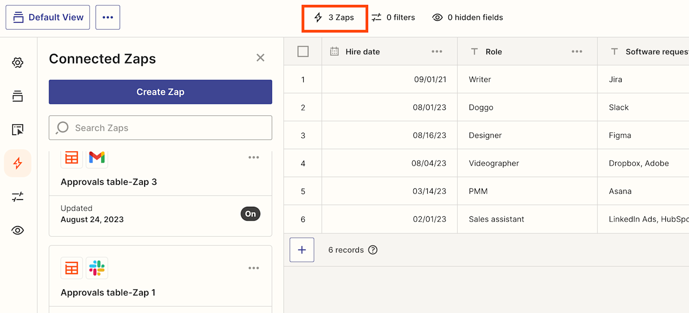 Screenshot of Zaps in tables