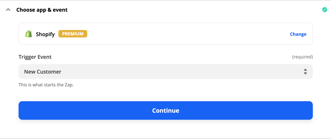 The Shopify app logo with New Customer selected in the Trigger Event field. 