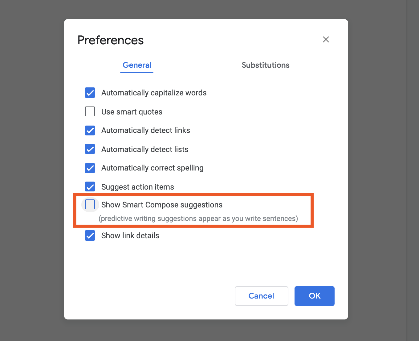 Unchecking the Smart Compose option in Google Docs