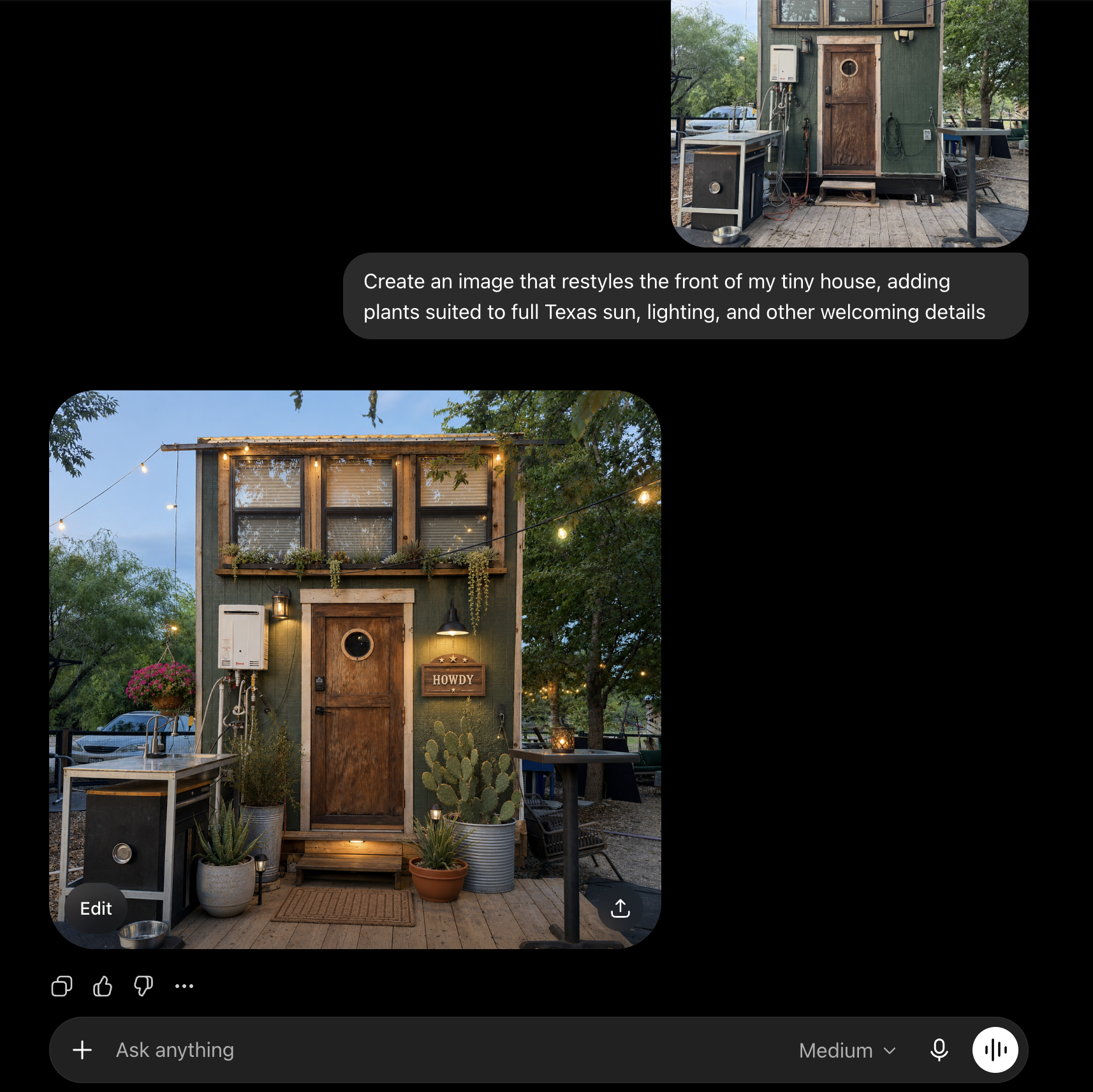 A conversation in ChatGPT in dark mode showing image generation