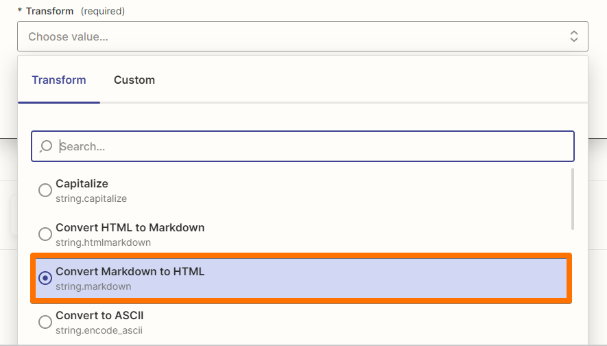 Under Transform, an orange box highlights the Convert Markdown to HTML option.