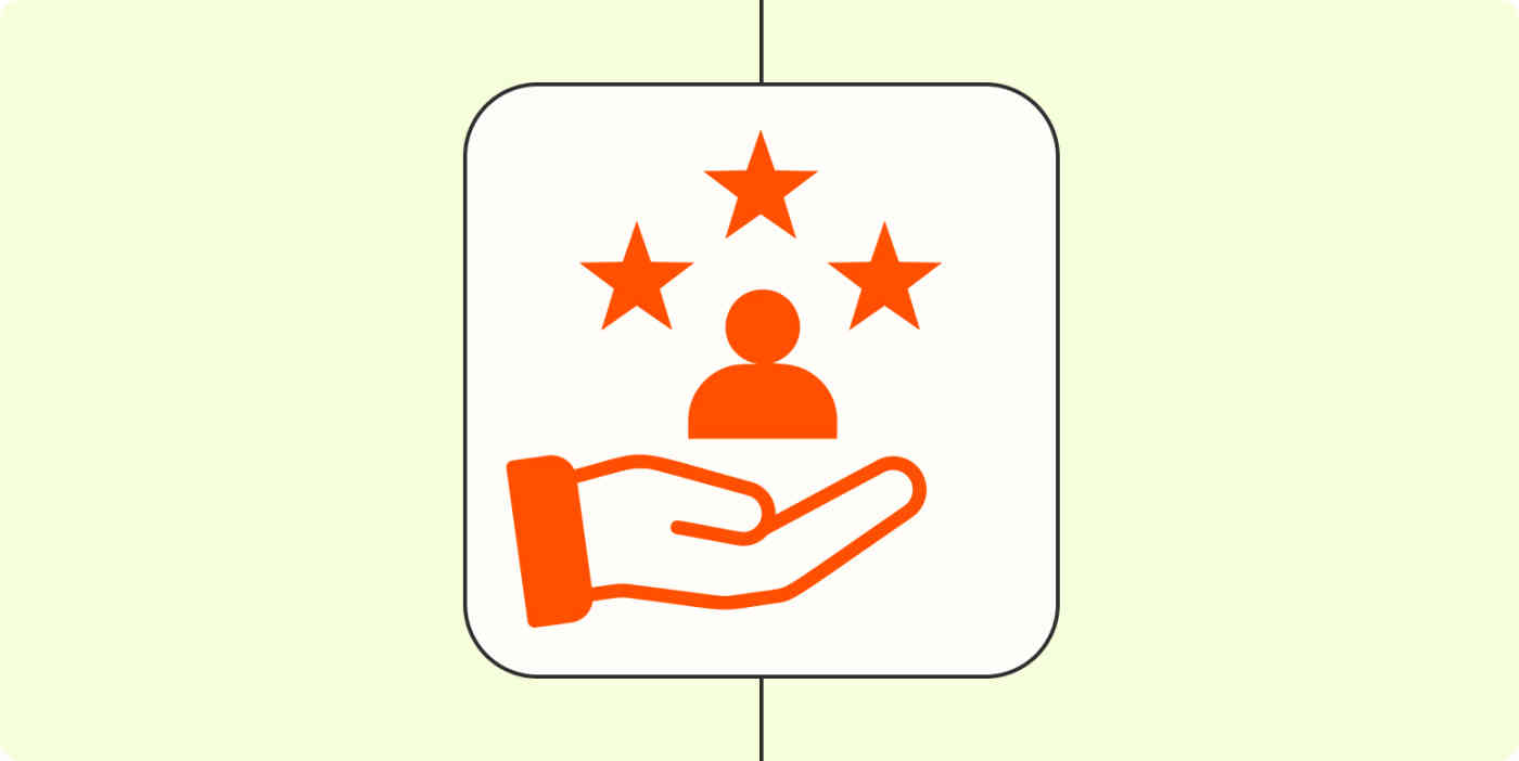 A hand holding a customer icon with three stars above it on a light yellow background.
