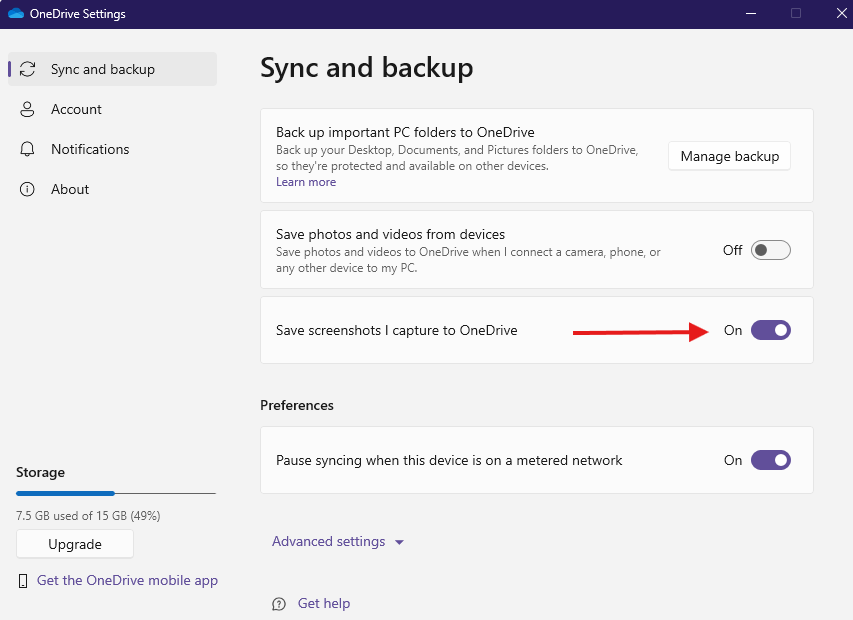 OneDrive settings with an arrow pointing to the toggle next to save screenshots I capture to OneDrive.