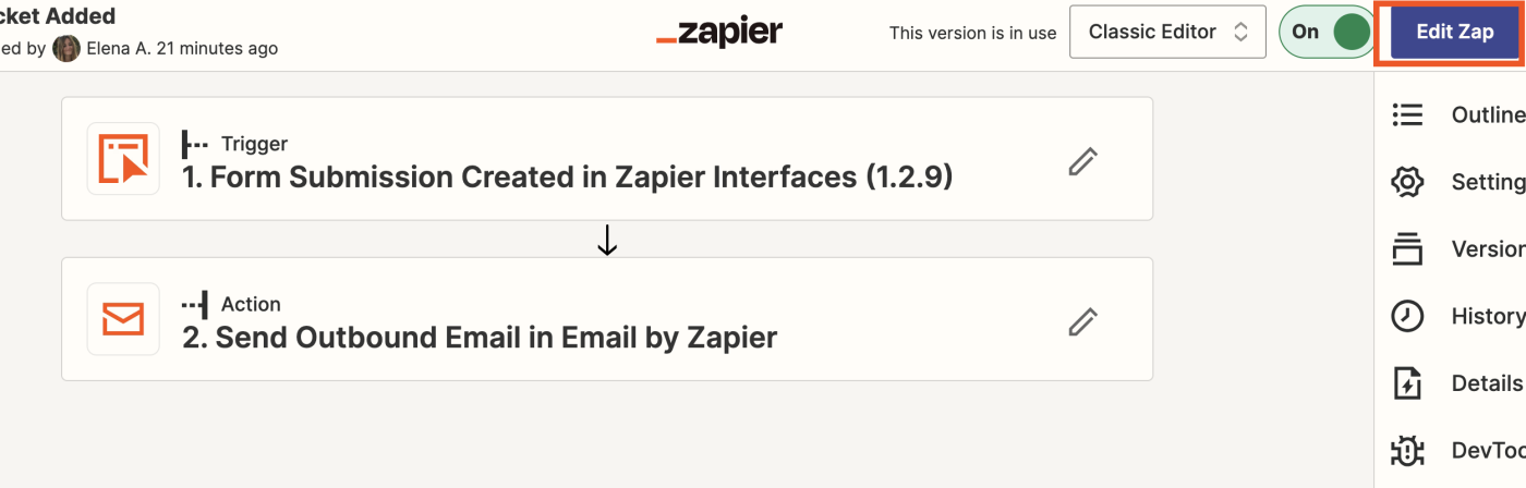 Screenshot of email Zap