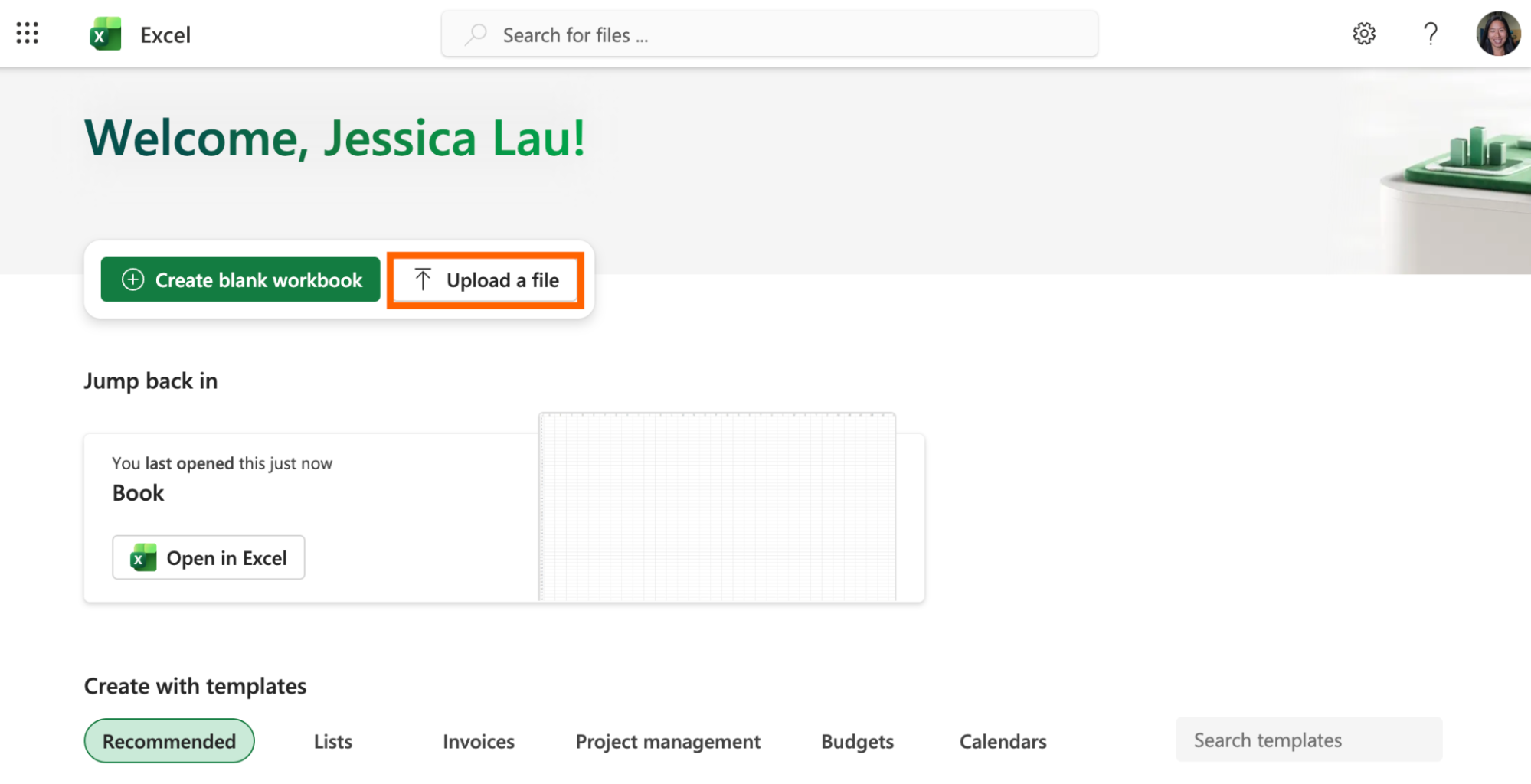 Excel online homepage with the upload a file button highlighted.