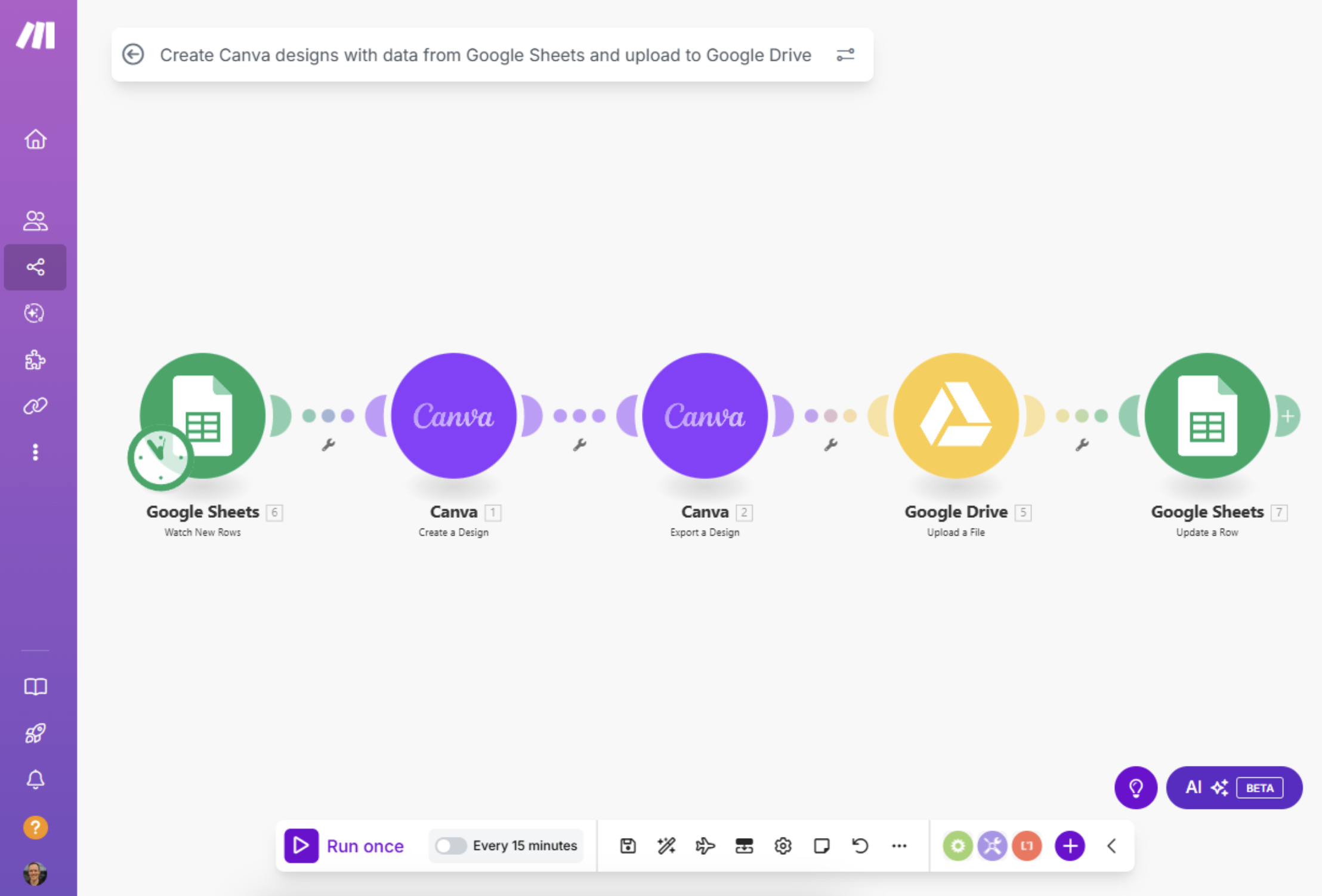 A screenshot of Make, a workflow orchestration tool.