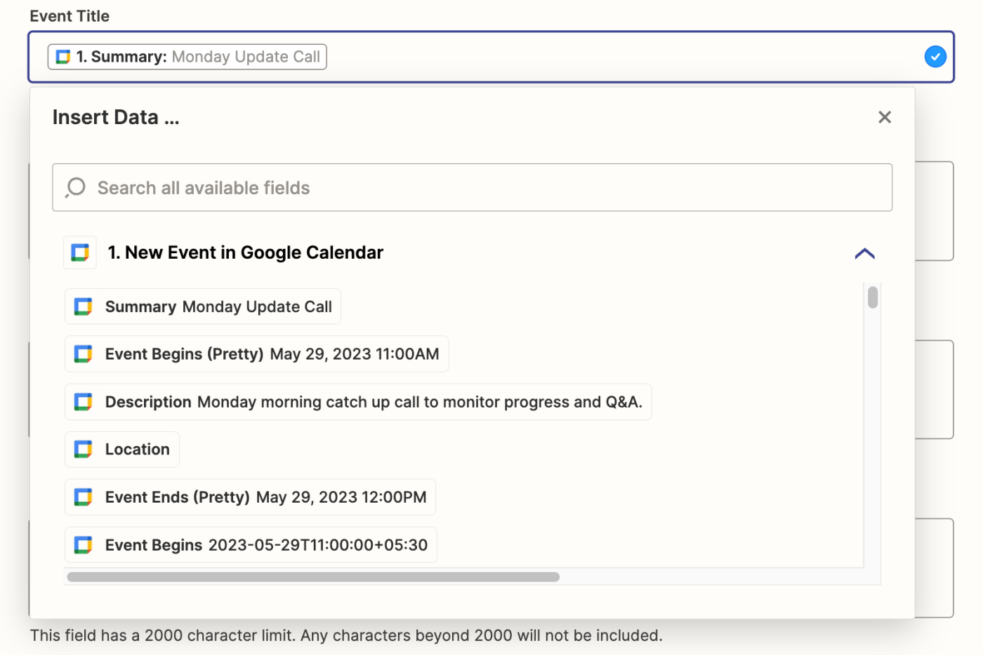 An Insert Data dropdown with a list of Google Calendar data that can be added to the Event Title field.