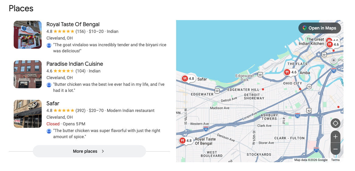 Examples of Google Business Profiles that appear when you search for "Indian food near Columbus, OH"