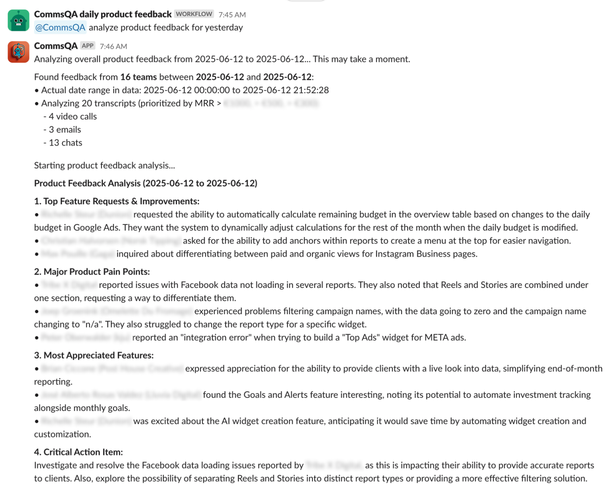 Slack message from CommsQA—an AI agent.