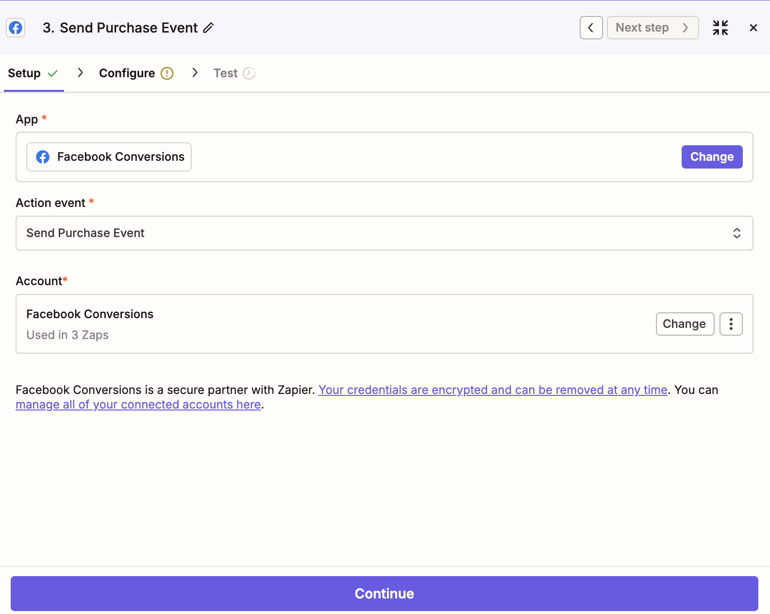 The setup page for a Facebook Conversions trigger