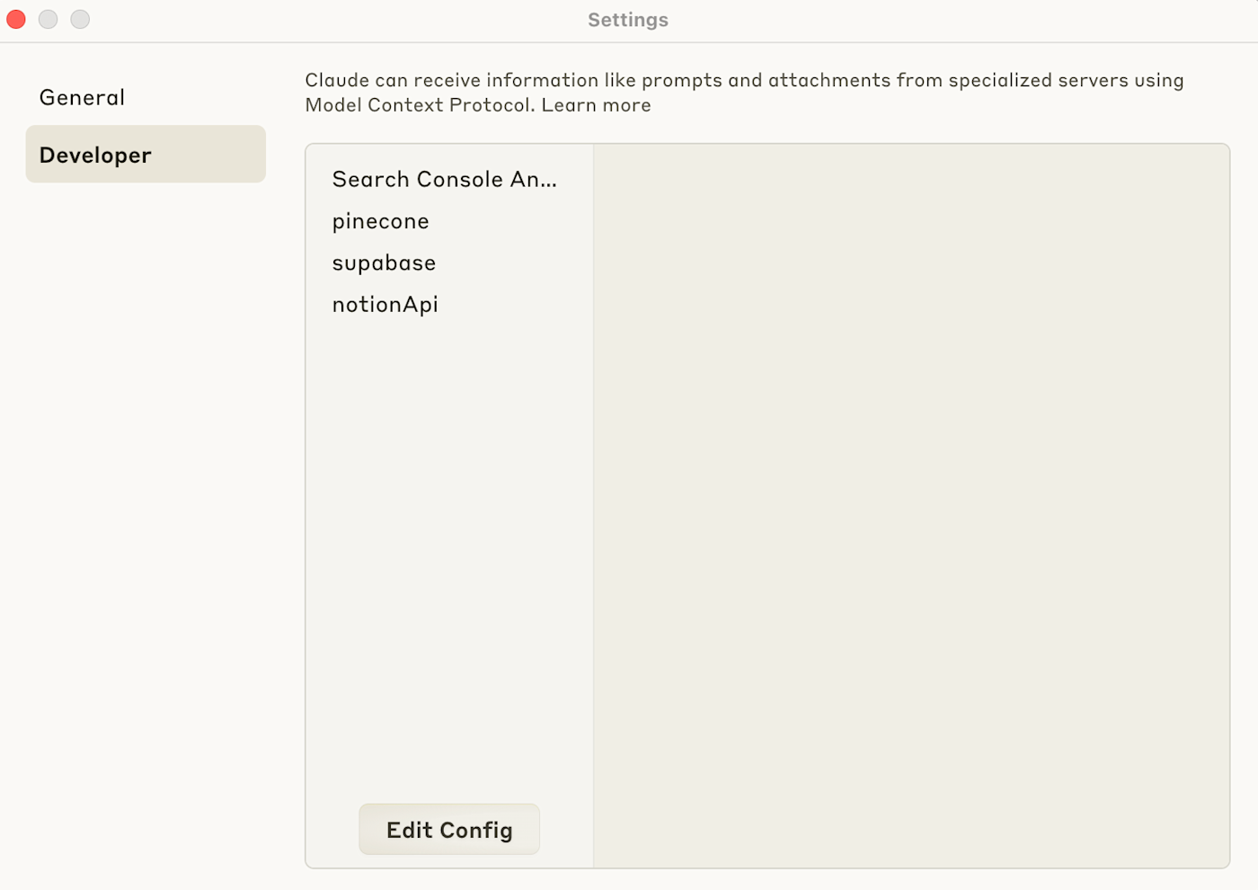 The Developer tab in Claude with the Edit Config button