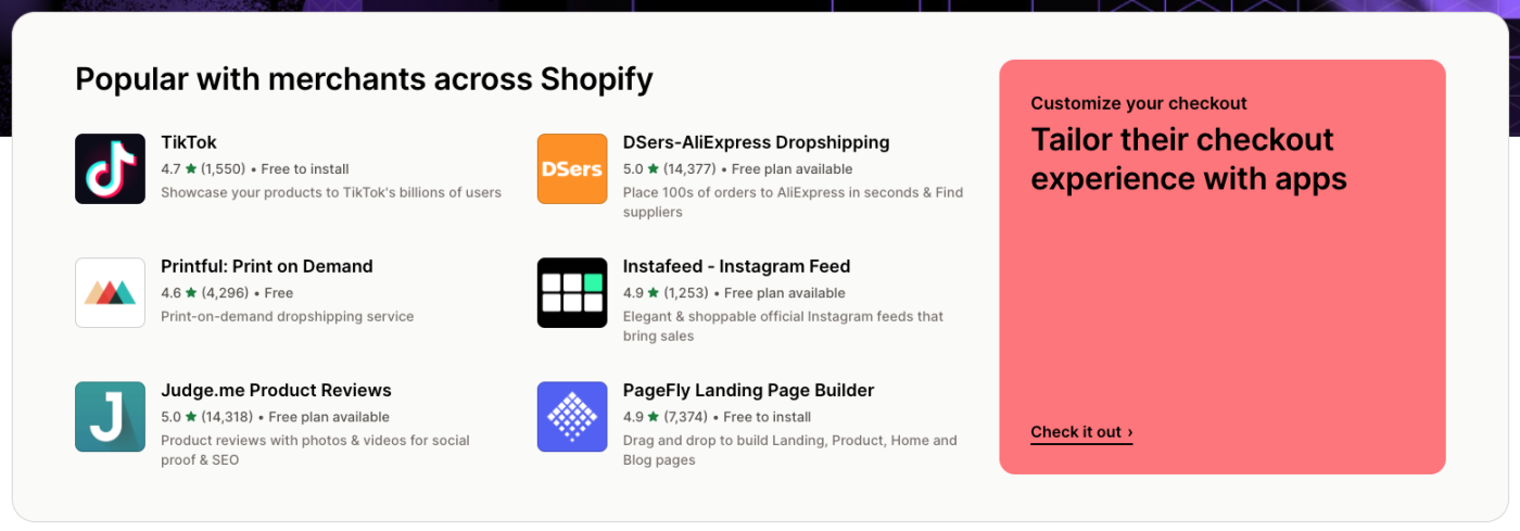 Screenshot of Shopfiy's app storefront.