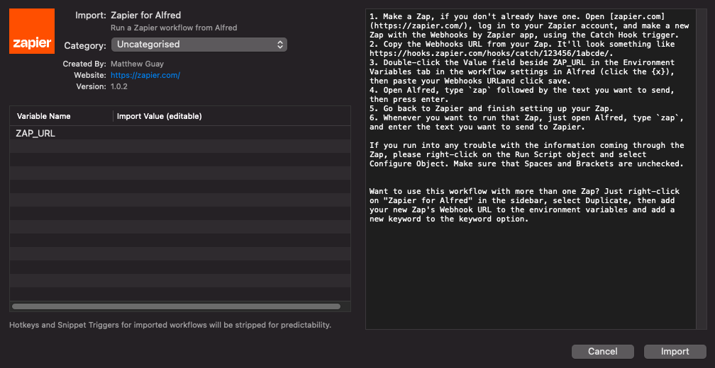 Alfred will show you the details of the workflow. Click the "Import" button at the bottom-right.