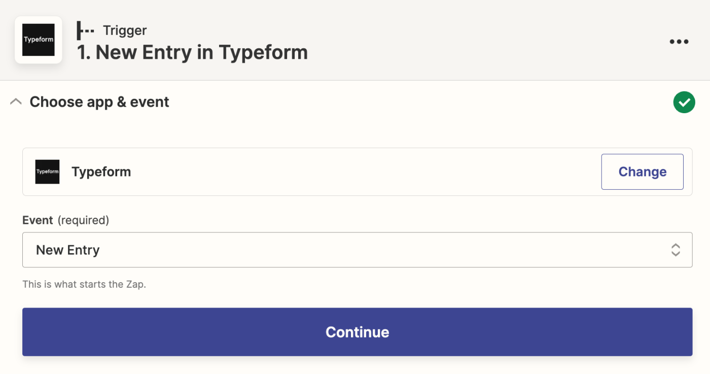 The Typeform app has been selected with New Entry selected in the Event dropdown.