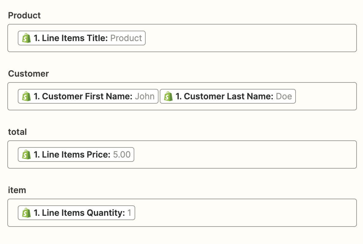 Screenshot of Shopify fields in action step