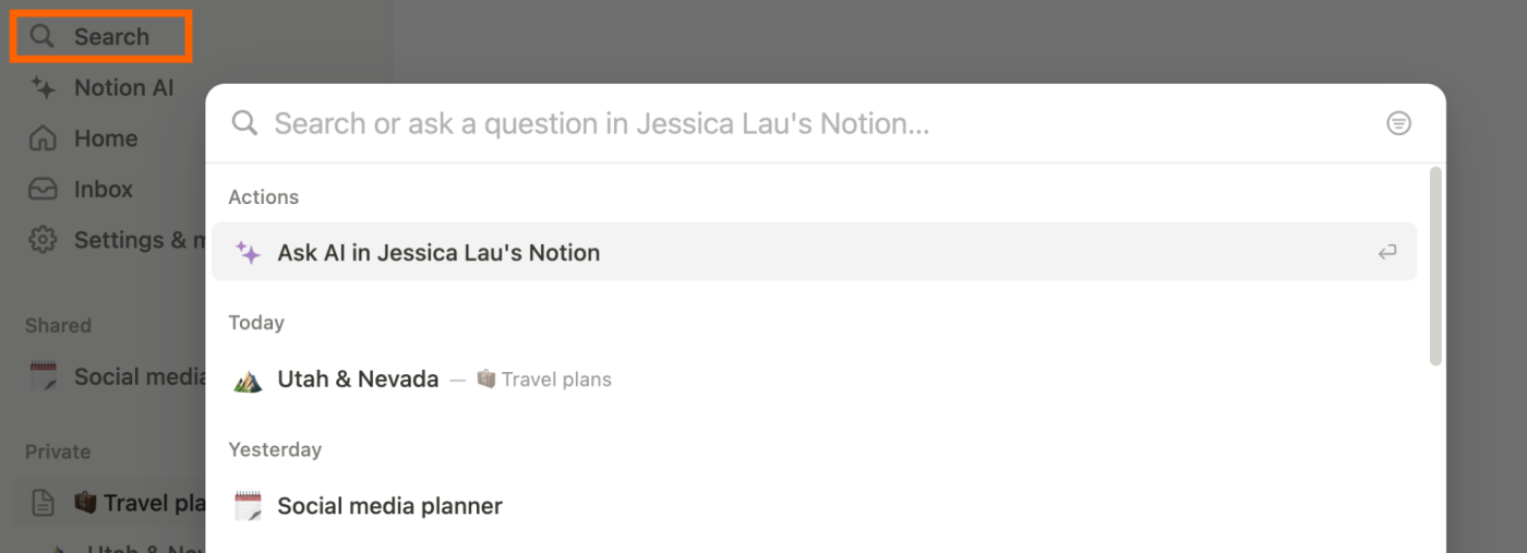 Search popup in Notion. 