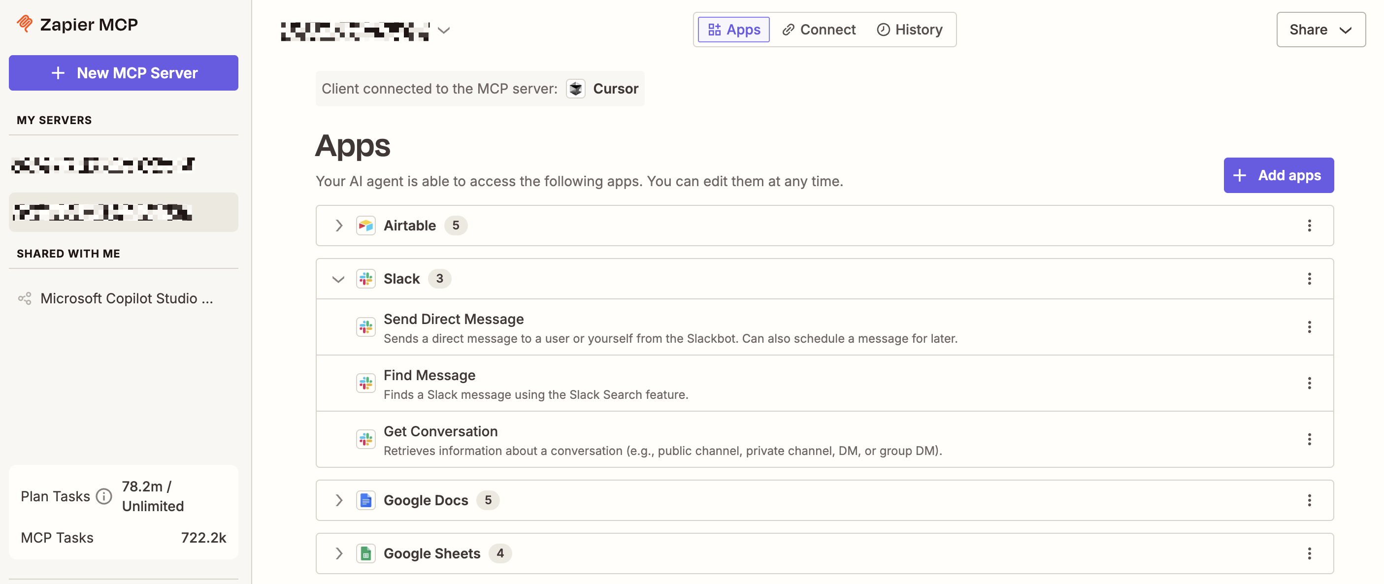 List of connected apps via Zapier MCP. 