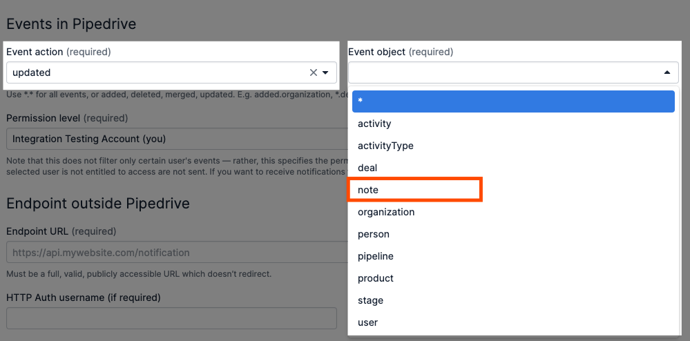 An orange box around "note" in Pipedrive's event object dropdown menu.
