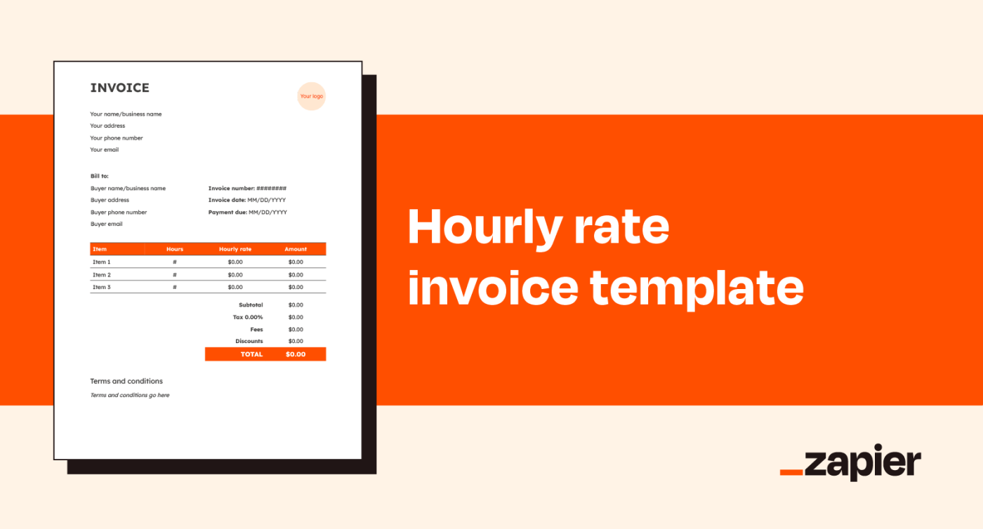 Illustrated image of Zapier's hourly rate invoice template on an orange background