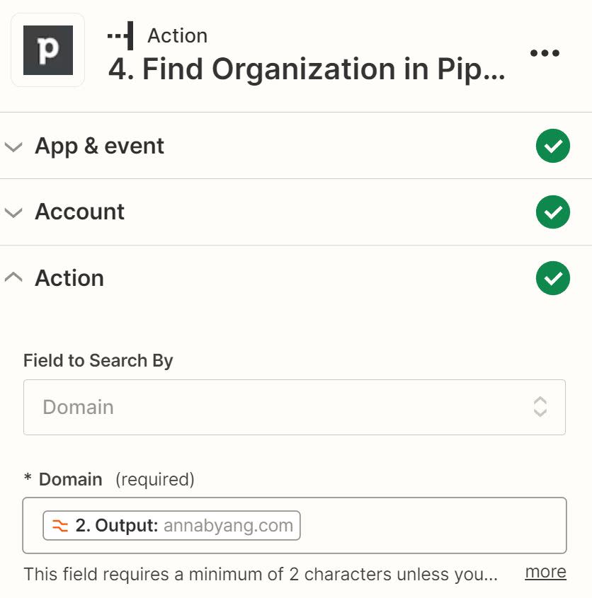 Domain has been added to the "Field to Search by" field with the output of the formatter step added to the Domain field.