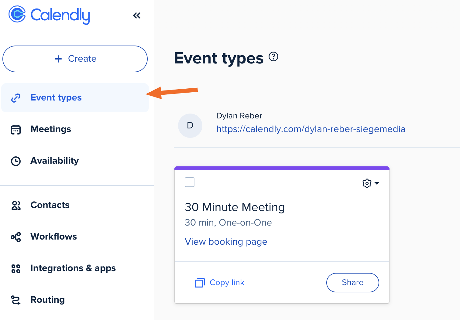 Screenshot of the Event Types tab in Calendly