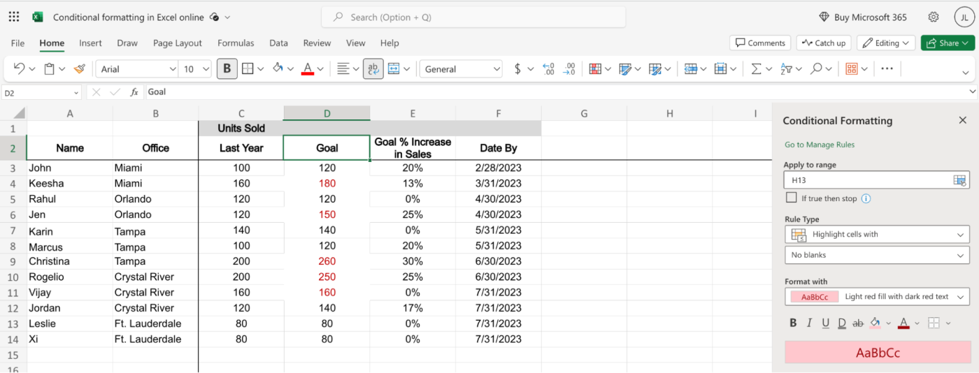 Example of a "duplicate values" conditional formatting rule in Excel.