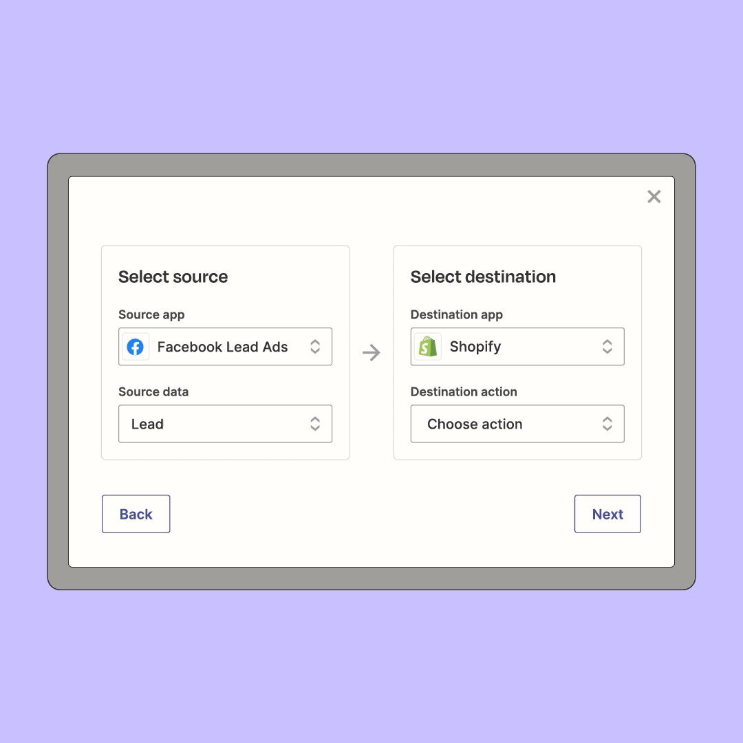 Animated demo of a Transfer being scheduled in Zapier. The cursor clicks the dropdown menu under "Destination action" and selects the option "Create, or Update Customer." 
